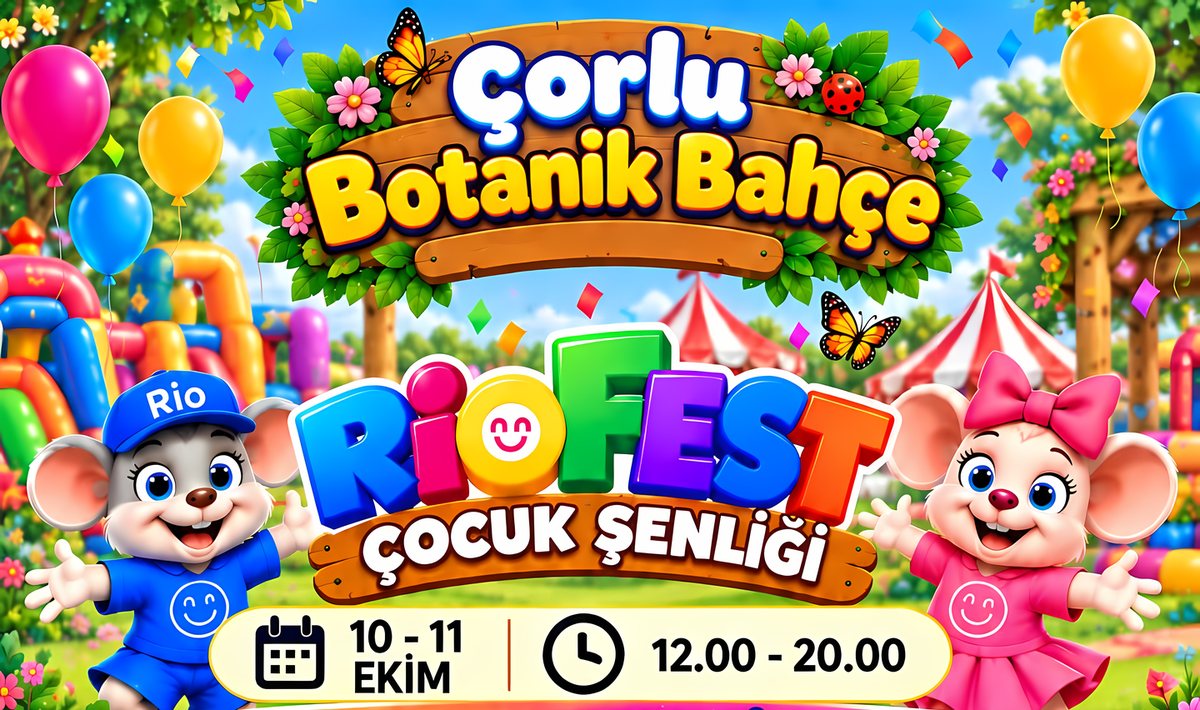 RIOFEST Çocuk Şenliği afişi: Çorlu Botanik Bahçe, 10–11 Ekim, 12.00–20.00