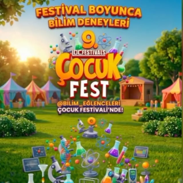 Bilim deneyleri alanının bulunduğu çocuk festivali görseli