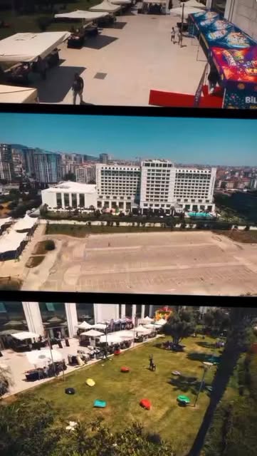 Otel önündeki geniş açık alana kurulan festival alanının havadan görünümü