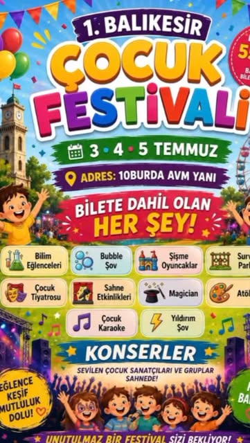 Balıkesir Çocuk Festivali afişi ve etkinlik listesi
