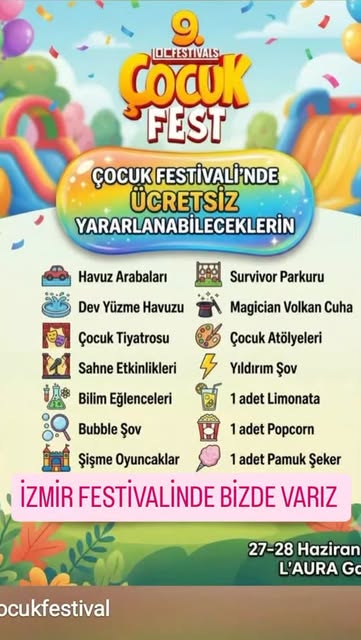 Çocuk Fest afişi: havuz arabaları, dev yüzme havuzu, tiyatro, magician ve ikram listesi